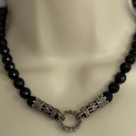 Vintage Black Onyx & Sterling Silver Marcasite Clasp Bail Necklace 8.5" Long - Picture 1 of 13